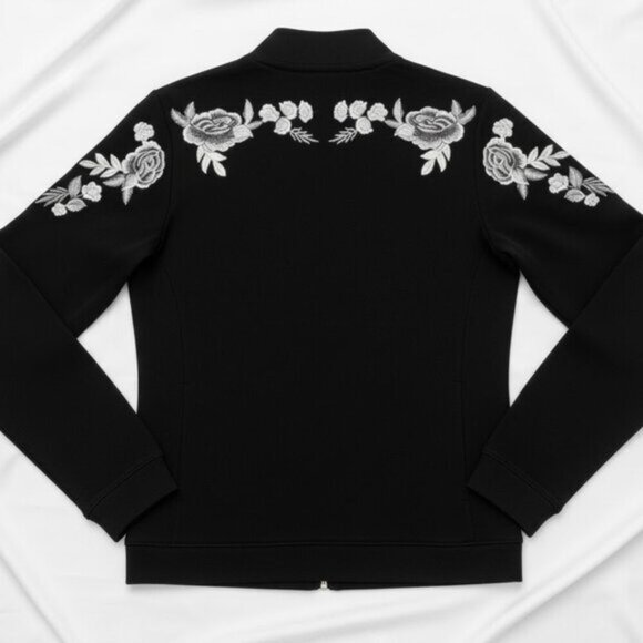 NWOT Chico's Zenergy Black & Silver Floral Embroidered Bomber Jacket 16 - Picture 6 of 11